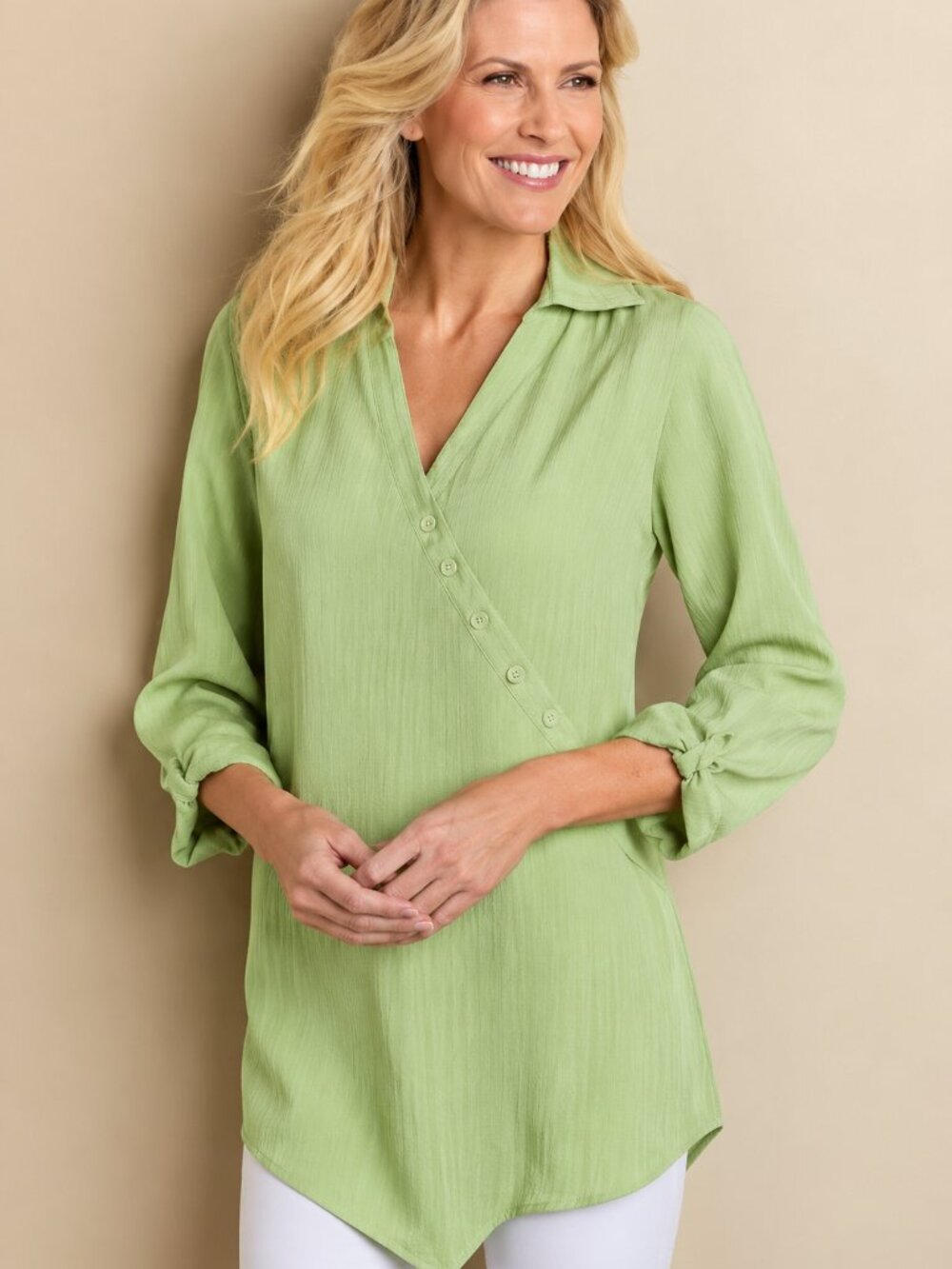 Soft Surroundings Soft Green Tencel Tunic Top S Asymmetrical Button Blouse